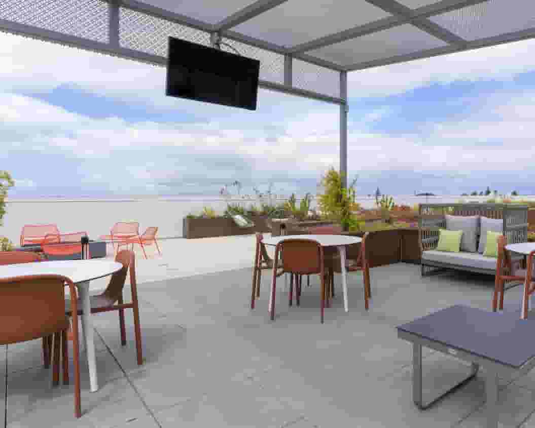 Rooftop Lounge with TV, Fire Pits, and Grills